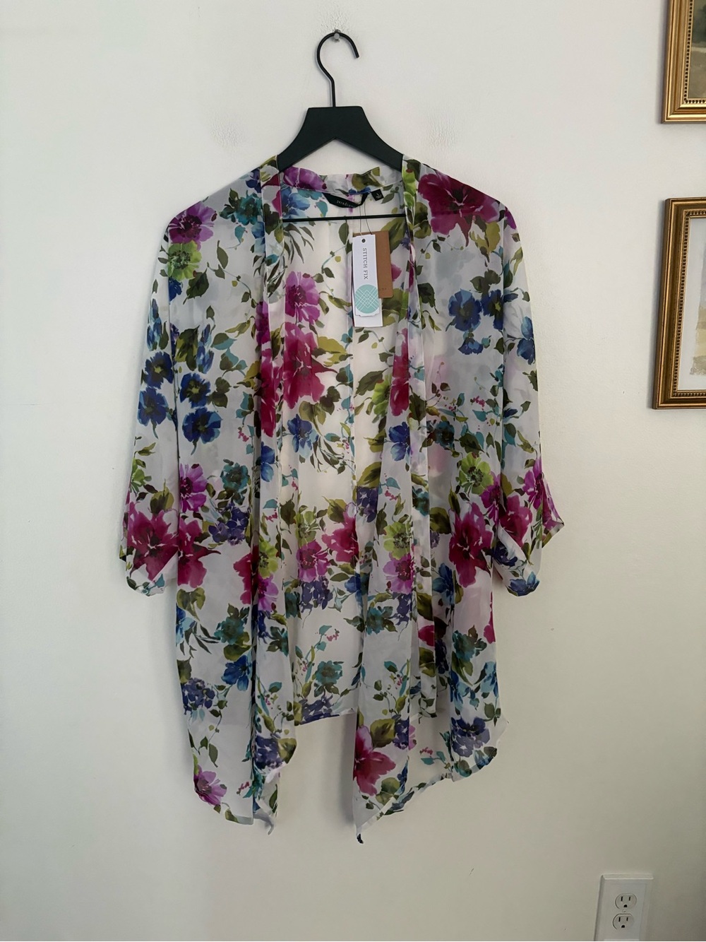 Paradigma Floral Kimono Open Cardigan White Floral Sheer Womens Large NWT AC